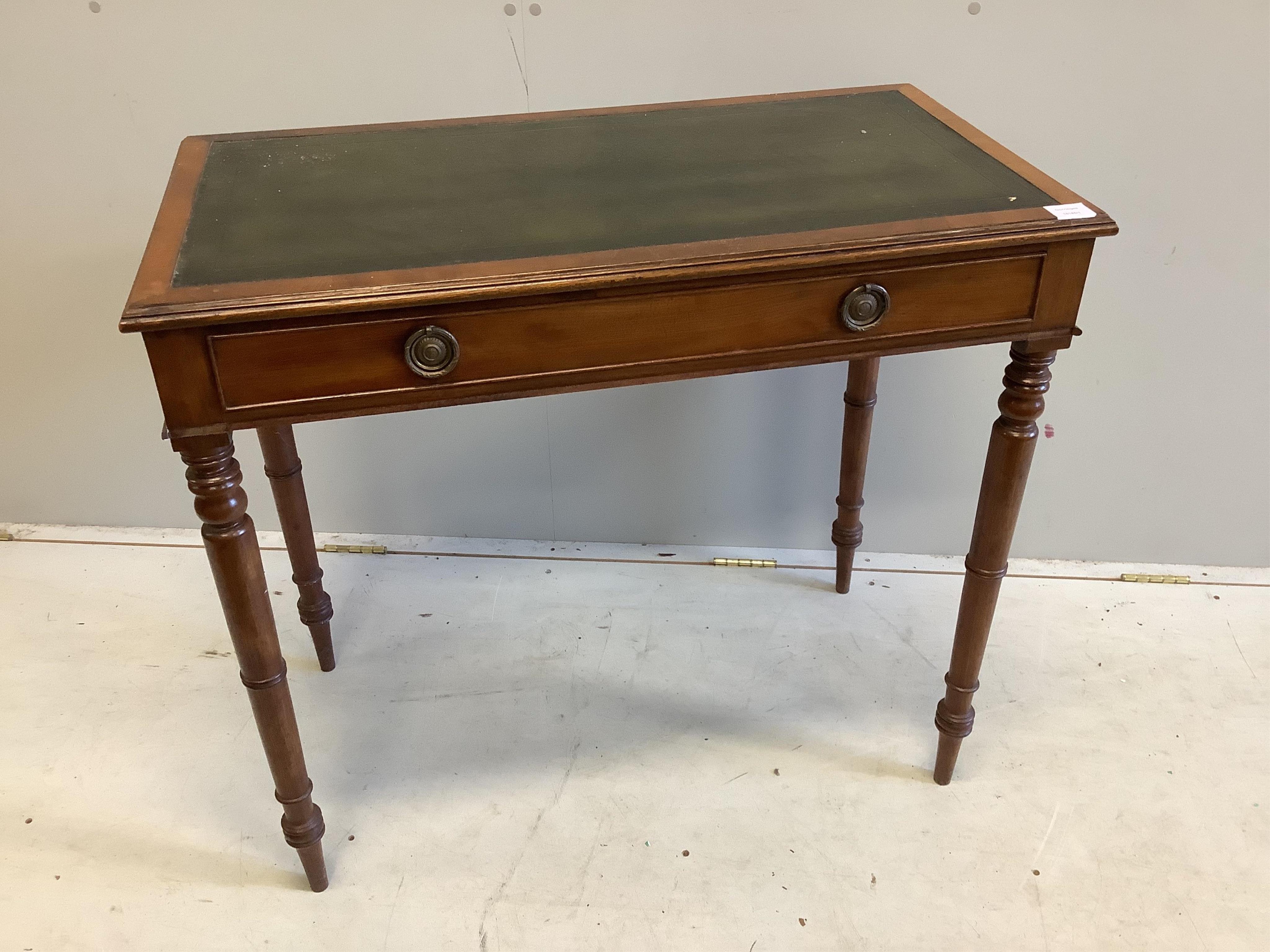 An early Victorian mahogany writing table, width 90cm, depth 48cm, height 81cm. Condition - fair